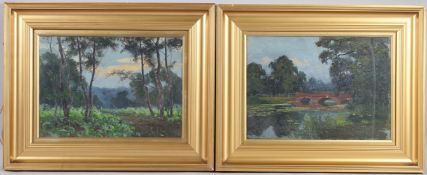 CIRCLE OF ERNEST HIGGINS RIGG arched bridge over a pond, and a sunset landscape, pair of oils on