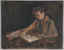GEORGE WEISSBORT (1928 - 2013) A man reading a book. Oil on board, unframed. 29