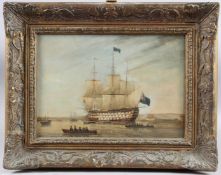 ENGLISH SCHOOL (EARLY 19TH CENTURY) HMS Victory in Portsmouth Harbour, oil on canvas, inscribed