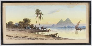 EDWIN LORD WEEKS (1849-1903) Egyptian river scene with pyramids beyond, watercolour, signed with