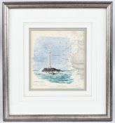 COLIN M BAXTER (b.1963) 'Longships Lighthouse off Lands End' watercolour on a chart, signed,