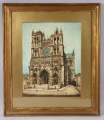 AFTER F PETITJEAN. View of Amiens Cathedral, coloured print, 47 x 37cm