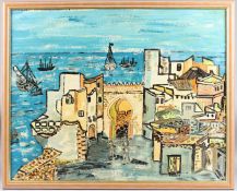 BRAHIM JEBARI (1945-1979) 'Asilah' oil on board, signed, inscribed and dated '73 59 x 73cm