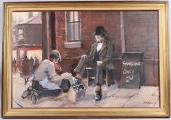 TOM BROWN (1933-2017) Street scene with Shoeshine, oil on board, signed, 50 x 76cm
