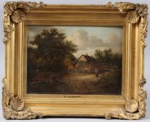 PATRICK NASMYTH (1787-1831) Figures on a wooded path before a cottage, oil on panel, label verso
