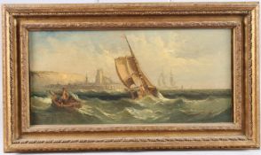 MARITIME SCHOOL (19TH CENTURY) Fishermen and shipping off a headland, oil on canvas, 18.5 x 40cm