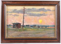 HARIS HAIDAROV (1926-1994) Sunset over fields, oil on board, signed, 26.5cm x 41cm