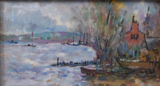 20TH CENTURY SCHOOL (POSSIBLY FRENCH) lakeside view of boathouse and jetty, oil on board, signed