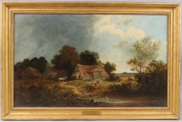 JAMES EDWIN MEADOWS (1828-1888) 'Near Mountnessing, Essex' Farmstead with children at a duck pond,