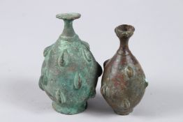TWO 12TH CENTURY PERSIAN OR CENTRAL ASIAN SELJUK BRONZE ROSEWATER SPRINKLERS OR PERFUME BOTTLES. 4.