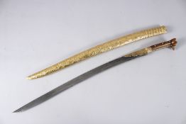 A VERY FINE 18TH - 19TH CENTURY OTTOMAN YATAGHAN SWORD with horn handle, watered steel Damascus