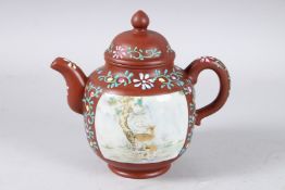 A CHINESE BROW GLAZED TEAPOT AND COVER with panels of deer.