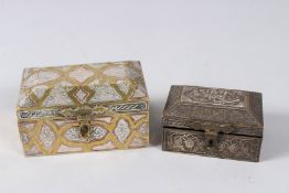 TWO 19TH CENTURY SYRIAN DAMASCUS SILVER INLAID BOXES. 4ins & 3ins long.