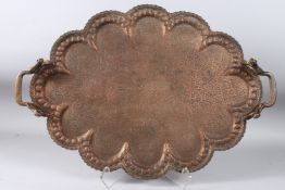 A LARGE 19TH CENTURY INDIAN KASHMIRI TWIN-HANDLED TRAY. 26ins x 18ins.