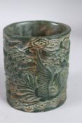 A GOOD CARVED JADE CHINESE BRUSH POT. 6INS HIGH.