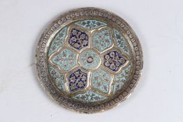 A 19TH CENTURY INDIAN KASHMIRI SILVER AND ENAMEL INLAID DISH.