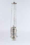 A RARE 17TH CENTURY SPANISH COLONIAL, possibly Peruvian, SILVER INCENSE BURNER. 8ins long plus