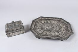 A FINE 19TH CENTURY INDIAN BIDRI SILVER INLAID PANDAN BOX on a tray. Tray 11ins long.