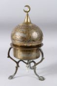 A LARGE 19TH CENTURY SYRIAN DAMASCUS SILVER AND COPPER INLAID BRASS INCENSE BURNER, 13ins high.