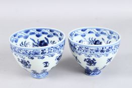 A PAIR OF CHINESE BLUE AND WHITE BOWLS in Ming style. 11.5cms diameter.