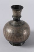 A FINE INDIAN BIDRI SILVER INLAID HUQQA BASE. 5ins long.