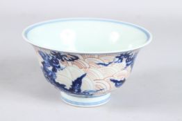 A CHINESE BLUE AND WHITE WITH UNDERGLAZE RED DECORATION DRAGON BOWL bearing four-character mark.