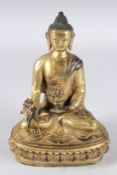 A GOOD CHINESE GILDED BRONZE BUDDHA sitting cross-legged. 8.5ins high.
