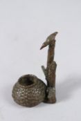 A JAPANESE OKIMONO BRONZE BIRD AND CONTAINER.