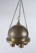 A VERY FINE LARGE 19TH CENTURY SYRIAN DAMASCUS OPEN WORK BRASS LANTERN with Arabesque decoration and
