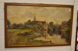 Yeend King, canal scene with buildings, stone bridge and figures on a path, watercolour.