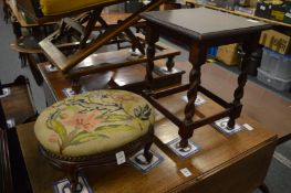 A small Victorian needlework upholstered stool and an oak occasional table.