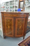 Edwards & Roberts, a good marquetry inlaid mahogany corner cabinet with a single frieze drawer,
