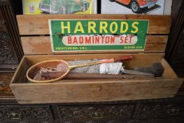 A Harrods badminton set in original pine box.