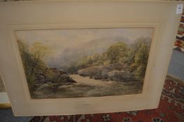 E M Wimperis, mountainous river landscape, watercolour, unframed together with a framed map.