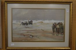 Pulling the dinghy ashore, watercolour, indistinctly signed.