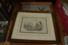 A pair of hunting prints together with two large prints depicting birds.