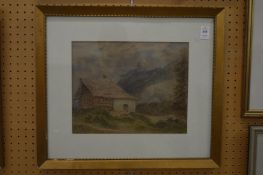 Continental mountainous landscape with ruined buildings, watercolours, a pair.