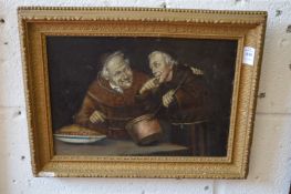 Dinner is served, amusing painting depicting monks and a cooking pot, oil on board.