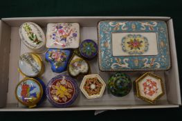Porcelain and enamel trinket boxes.