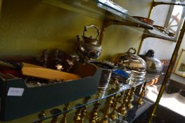 Quantity of plated items to include two meat domes, kettle on stand, a bottle stand etc.