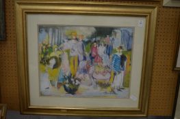 Marie Versailles, figures partying in a garden scene, coloured pastels and chalks.