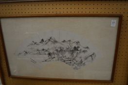 A Chinese fan shaped painting, framed and glazed.