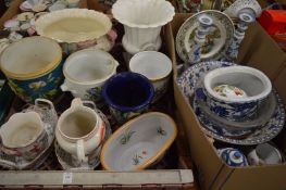 A quantity of pottery and porcelain jardinieres, jugs, bowls and other decorative china etc.