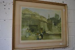 William Russell Flint, figures by a stone building and steps, colour print, pencil signed together