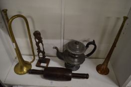A brass bugle, copper hunting horn and other items.