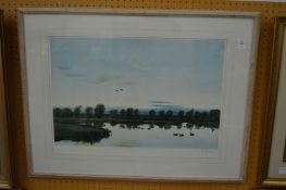 Sir Peter Scott, sunset from the artists window, colour print, pencil signed.