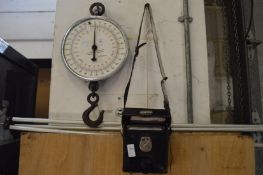 Weighing scales together with a Cowley level with tripod stand.