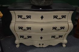 A French painted three drawer Bombe commode.