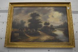 R Keen, figures on a country lane, oil on canvas, signed.