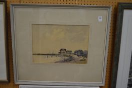 Ronald Crampton, buildings on waters edge, possibly Suffolk, watercolour.